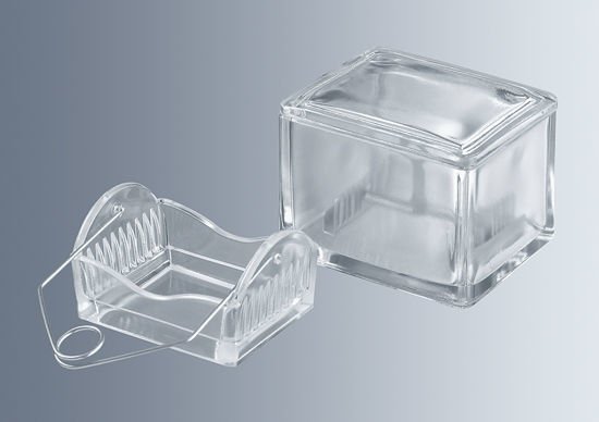 Cubeta de vidrio prensado con tapa para soportes para tinción, fondo solo (para 10 portaobjetos)