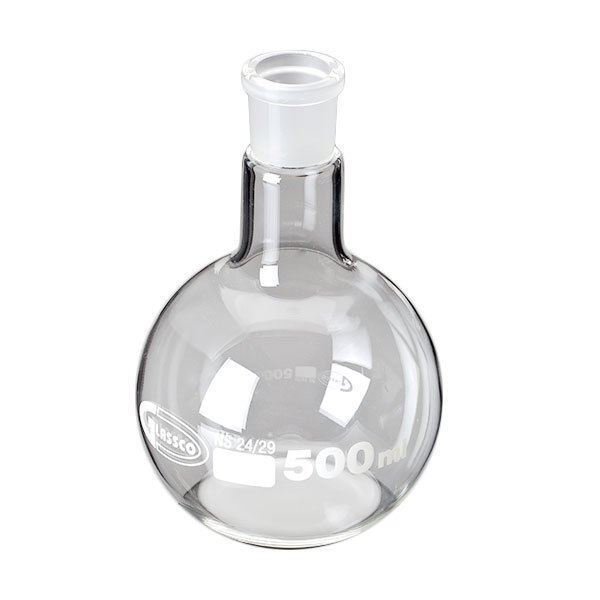 Matraz de vidrio, base plana, cuello esmerilado