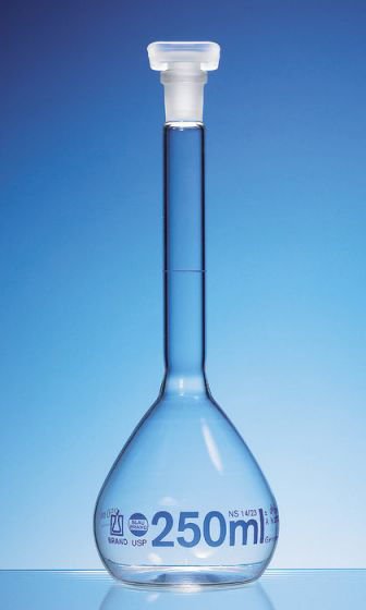 Matraz aforado clase A, USP, DE-M 250 ml, Boro 3.3, NS 14/23, tapón en PP